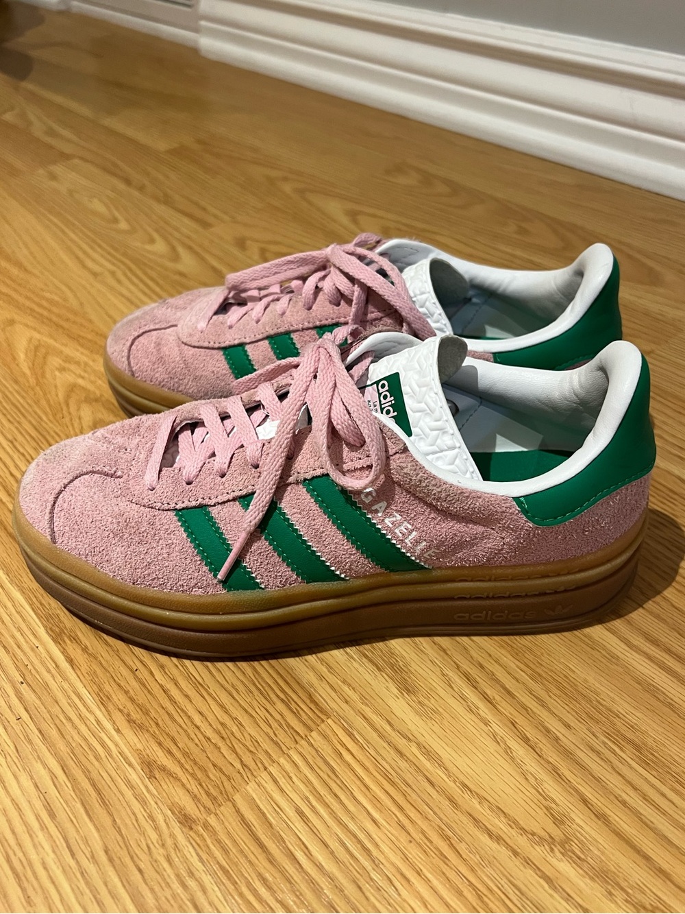 adidas Women's Pink Suede Sneakers with Green Stripes